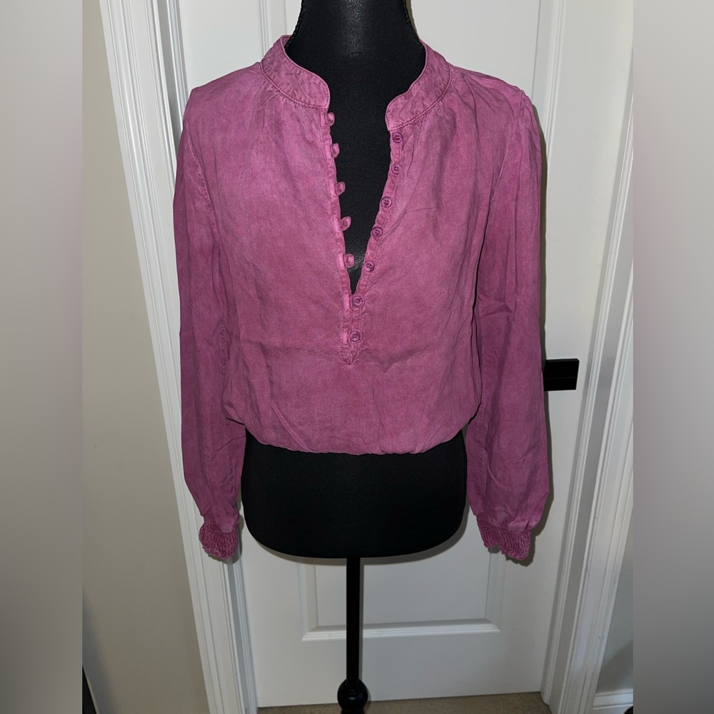 Bella Dahl Purple Buttoned Crop Top with Mandarin Collar